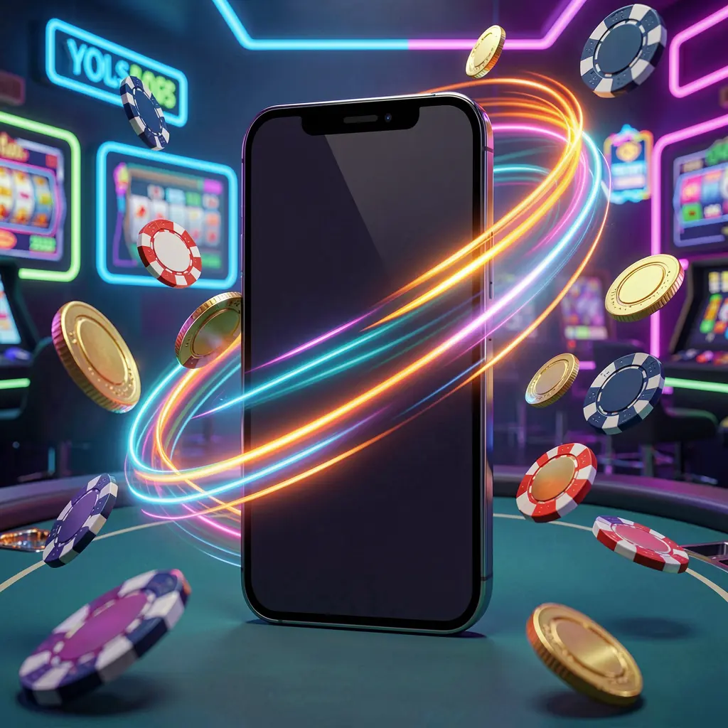 79DB fast casino app access visual featuring a smartphone with speed light trails, coins and chips flying around against a modern neon casino background in a dynamic 3D render
