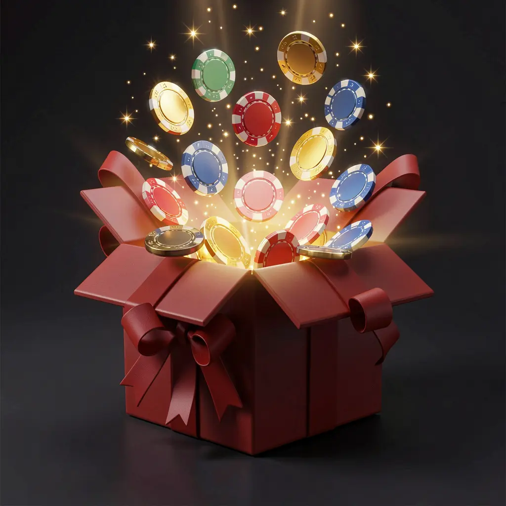 79DB no deposit bonus visual showing free casino chips emerging from a glowing gift box with magical sparkles against a dark premium background in a realistic 3D render