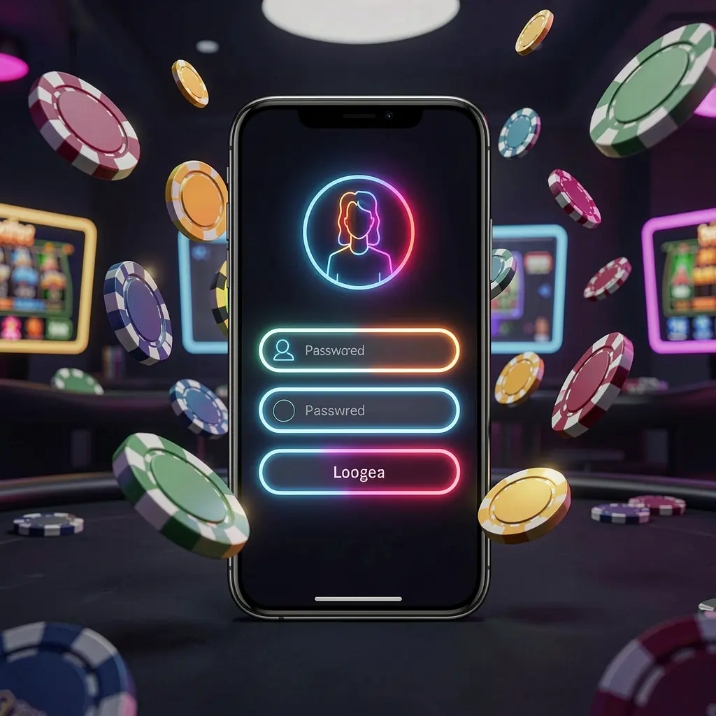 79DB mobile casino login screen with neon glowing abstract UI shapes showing user profile and password fields, surrounded by flying chips and coins in a dark premium casino atmosphere