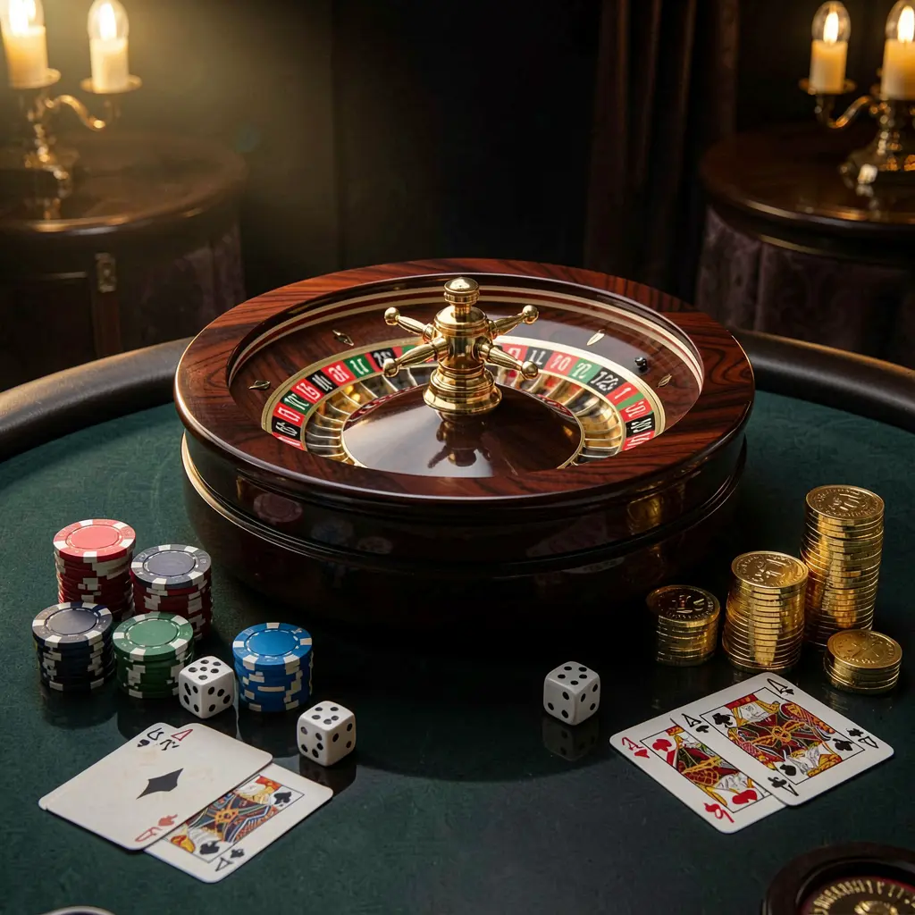 Premium casino homepage scene featuring a roulette wheel spinning on a glossy table surrounded by poker chips, dice, cards, and golden coins with elegant dark background and cinematic lighting, showcasing 79DB's responsible gaming environment